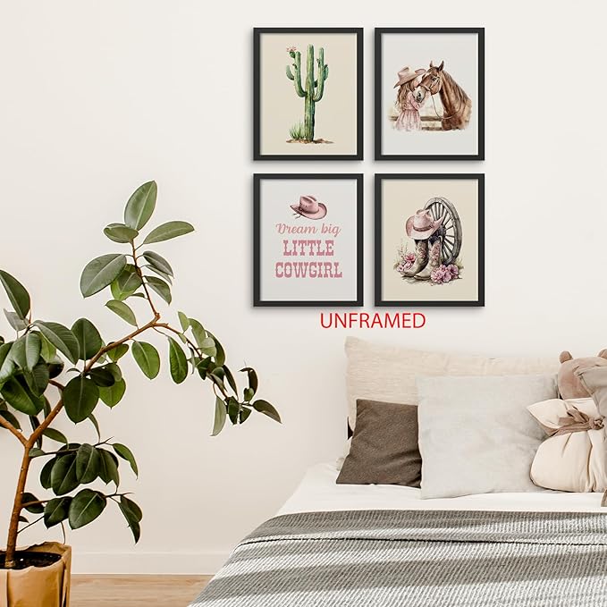 Hxlac Western Cowgirl Wall Art Prints Set of 4 UNFRAMED - Pink Boot Cactus Wall Decor, Cowgirl & Western Room Decor, 8x10 Inches
