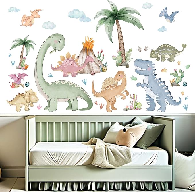 Dinosaur Wall Stickers for Boys Room: Peel and Stick Dino Wall Decals - Baby Nursery Bedroom - Children Supplies Ages 1-12 Years Wall Decor Art