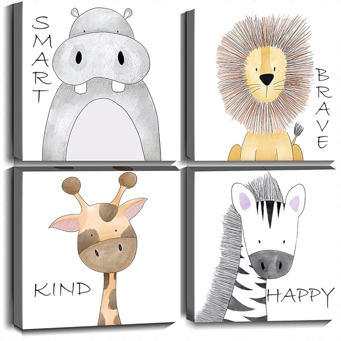 Oreichar Art Kids Wall Art Motivational Quote Painting Picture Safari Animals Canvas Print for Toddler Children's Room Bedroom Nursery Decoration (16"x16"x4pcs)
