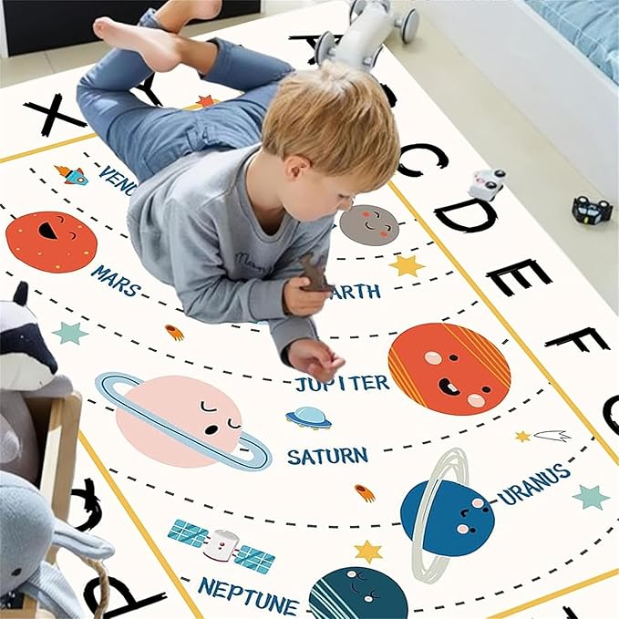 Solar System Kids Rug, Alphabet and Planet Carpet for Playroom 4x6, Children's Educational Play Mat ABC Rugs, Outer Space Play Rug