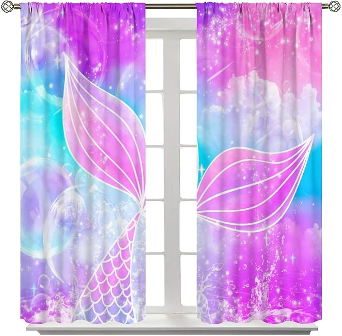 Suitable for Girls Mermaid Curtains, Rainbow Pink Purple Mermaid Tail Fish Scales Fantasy Ocean Print Curtains for Living Room Children Baby Room Nursery, 72x63 Inches