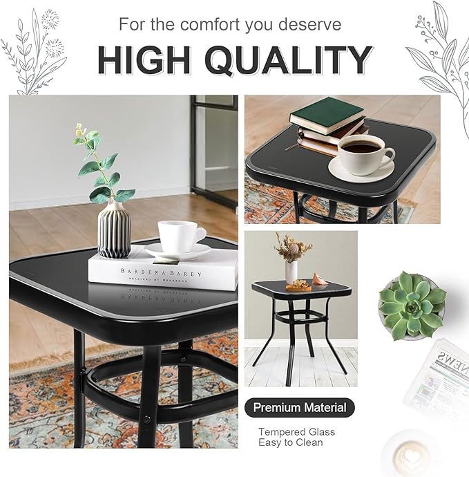 Oakcloud Oakmont Outdoor Furniture 3 Piece Conversation Bistro Set Rocking Chairs and Glass Top Table, Thick Cushions, Black Steel (Grey)