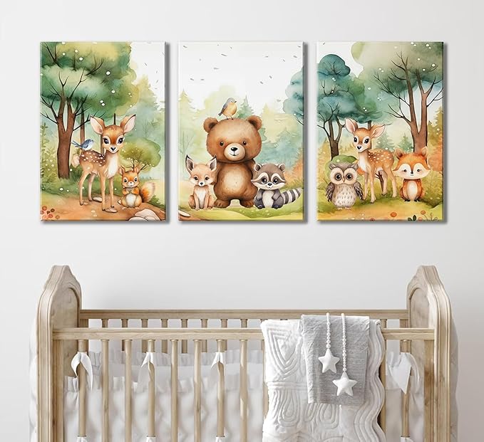 3Pcs Woodland Animal Nursery Wall Art Forest Animal Wall Decor Cute Watercolor Deer Bear Fox Poster Canvas Prints Paintings Pictures Artwork for Kids Baby Bedroom Decor Canvas 12X16in