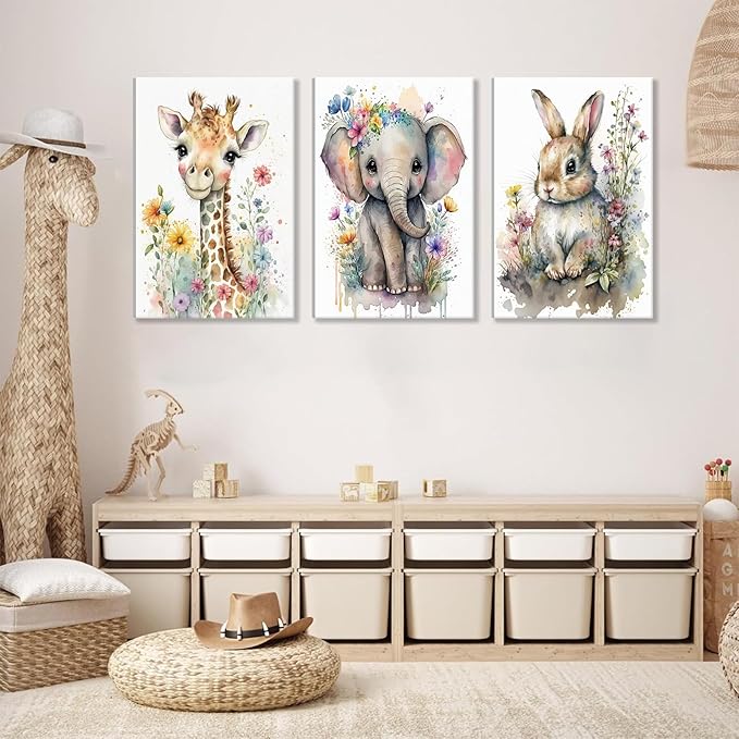 3Pcs Baby Watercolor Safari Animals Nursery Canvas Wall Art Cute Jungle Animals with Wildflower Picture Posters Wall Decor Giraffe Elephant Rabbit Painting Print Artwork for Kids Children Room 12x16in