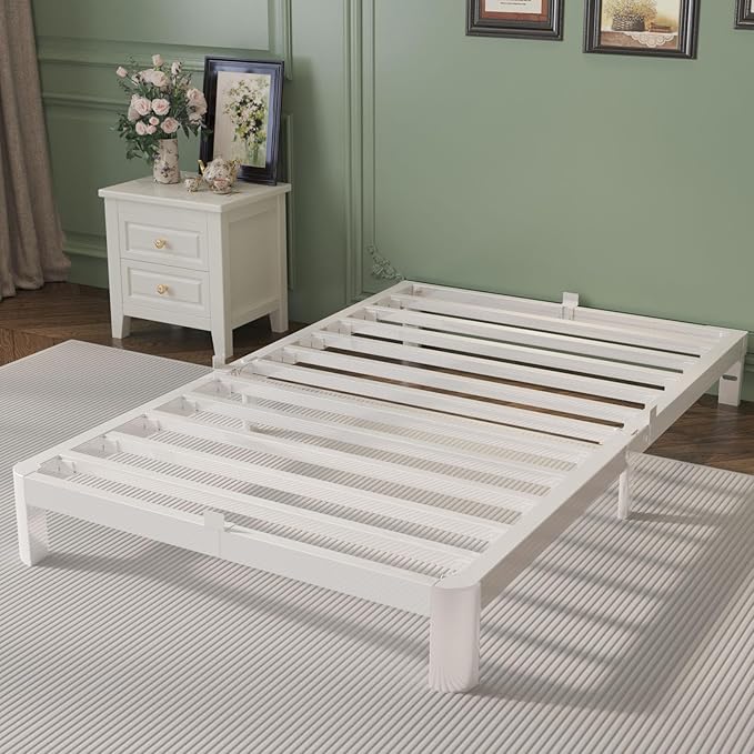 4 Inch Twin Bed Frames with Metal Baffles, White Bed Frame Twin Size No Box Spring Needed, Rounded Corner Legs, Heavy Duty Steel Platform Support, Noise Free, Easy Assembly