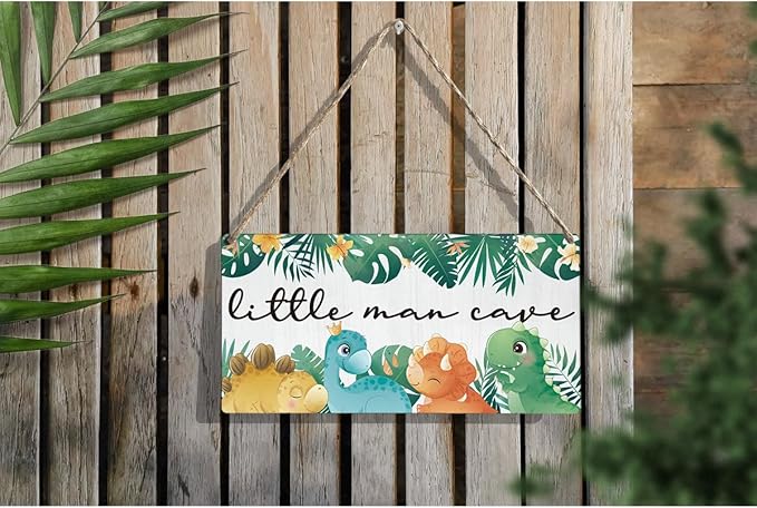 Little Man Cave Sign Dinosaur Woodland Nursery Room Decor for Baby Bedroom Jungle Safari Dinosaur Theme Wall Decor for Toddler Room Decor 12 × 6 Inch （Wood 4010）