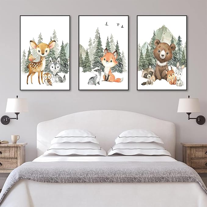 3Pcs Woodland Animal Nursery Canvas Wall Art Forest Adventure Theme Animals Picture Posters Wall Decor Cute Watercolor Deer Bear Fox Painting Print Artwork for Kids Baby Bedroom Decor 12x16in Unframed
