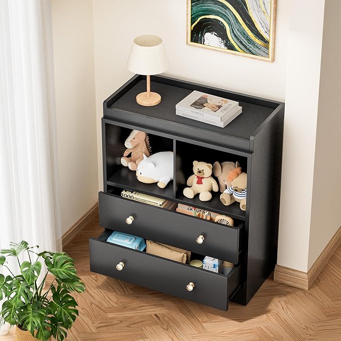 Modern 2-Drawer Nursery Changing Table with Media Shelves, Black Baby Dresser with Crystal Knobs, Multi-Purpose Diaper Station Storage Organizer for Infant Room, Anti-Tip Safety Design