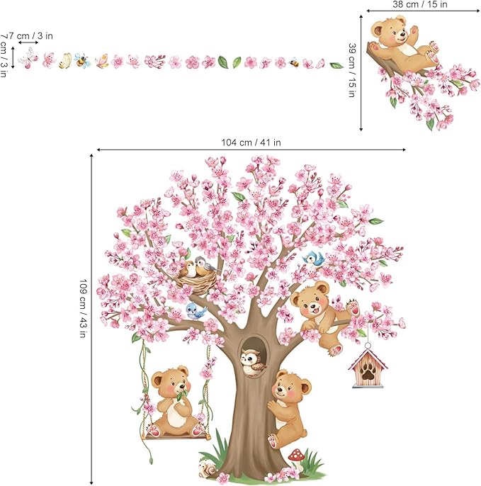 decalmile Woodland Animals Large Cherry Blossom Tree Wall Stickers Pink Flower Bear Wall Decals Baby Nursery Kids Bedroom Living Room Home Decor