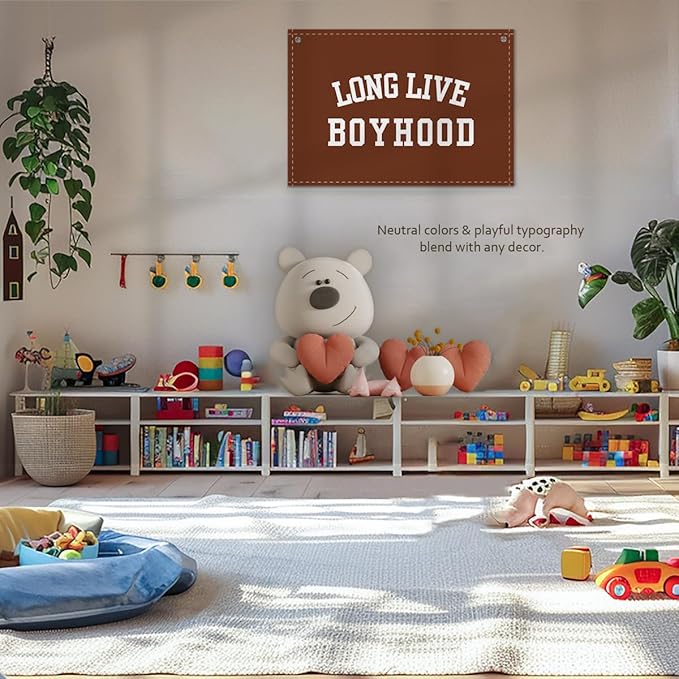 Long Live Boyhood Boys Room Decor - Linen Nursery Banner for Toddler Room Decoration, Farmhouse Kids Wall Hanging, Canvas Banner Flag for Baby Shower, Birthday Gift - A06