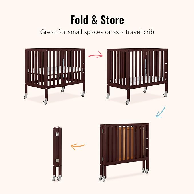 Dream On Me Jett Mini Folding Baby Crib in Espresso, GreenGuard Gold & JPMA, Lightweight & Portable, Patented Flat Folding System for Small Spaces & Travel, 1.5” Mattress Pad, 3 Heights, Safe Wheels