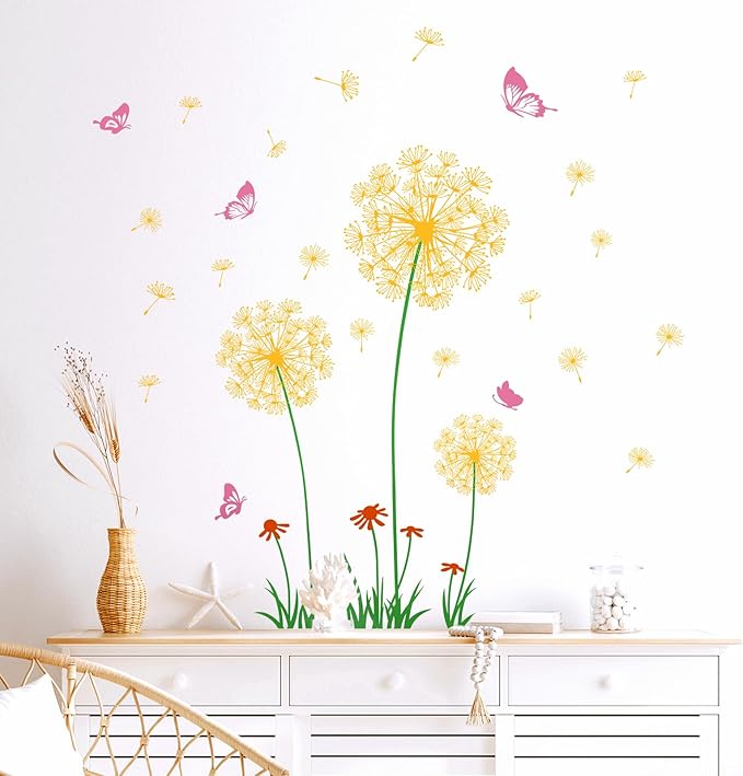 2 Sheets Dandelion Wildflower Wall Decals Art, Wall Art Stickers Peel and Stick Floral Butterflies Flying Decor for Girls Kids Women Baby Nursery Room Bedroom Bathroom Hallway Stairwell (Yellow)