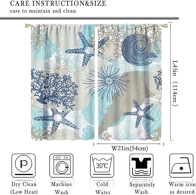 Coastal Curtains Ocean Beach Themed Room Darkening Window Curtain Nautical Coral Blackout Curtain for Bedroom Living Room Bathroom Nursery Set 2 Panels,42x45 Inches