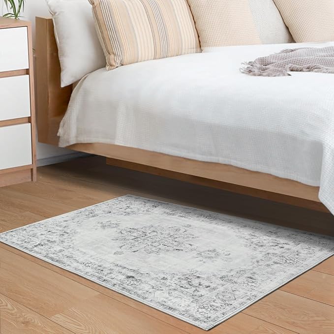 Area Rug 2x3, Washable Rug for Entryway Indoor, Small Area Rug for Living Room Entrance, Vintage Rug for Bedroom Doormat, Non Slip Soft Low Pile Carpet for Kitchen, Hallway, Office, Light Grey