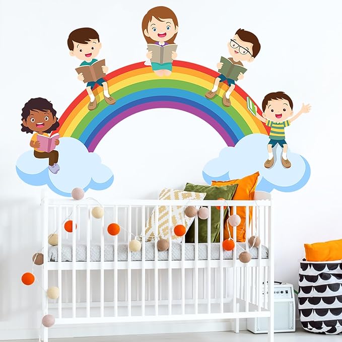 Kids Wall Decals Large Rainbow Wall Stickers for Nursery, Educational Reading Corner Decor Posters Cloudy Rainbow Student Reading Wall Art Murals for Kids Room Playroom Classroom