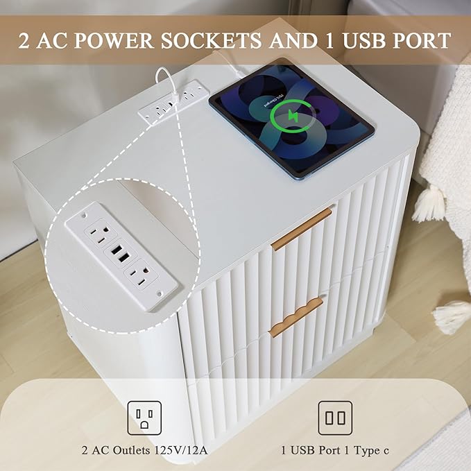 Fluted Nightstand with Charging Station, 23" Night Stands with 2 Drawers, Wood End Table with Storage, White Bedside Cabinet for Bedroom