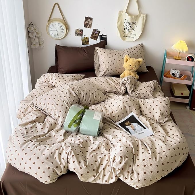 Light Khaki Duvet Cover King 3Pcs Chocolate Brown Love Heart Bedding Set Simple Fashion Love Heart Shaped Pattern Bedding Reversible Soft Microfiber Zipper Closure