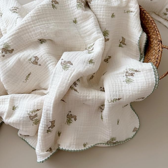 BuLuTu Gray Rabbit Pattern Cotton Muslin Toddler Blanket Large Crib Quilt Soft Breathable Toddler Bed Blankets Baby Boys Girls Swaddle Blankets, All Seasons, 47"x51"