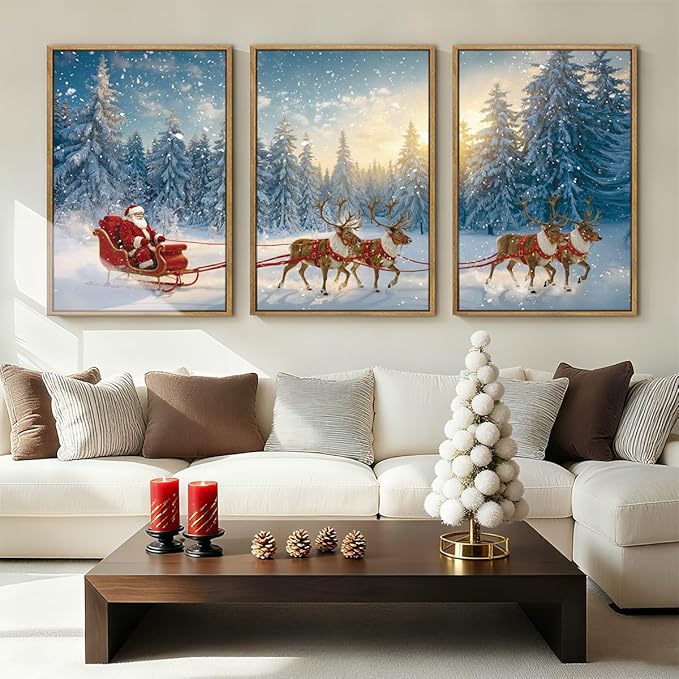 Framed Christmas Wall Art Santa Claus Wall Art Santa Winter Artwork for Living Room Bedroom Dining Room 12x16 Inches Set of 3