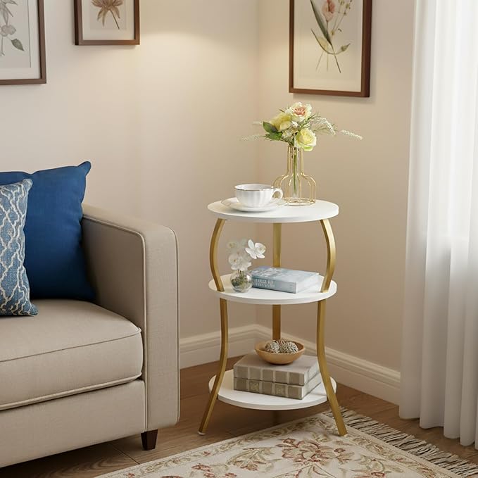 Small Round Side Table with Charging Station, 3-Tier Waist Circular End Table with Storage Shelf, Compact Tea Sofa Side Table Small Spaces, Round Corner Coffee Table for Living Room Bedroon,White+Gold
