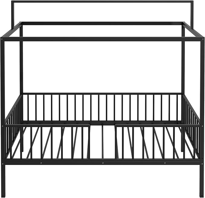 Harper & Bright Designs Full Size Montessori Floor Bed Frame for Kids, Metal Floor Bed with Canopy and Guardrails, High Fenced Canopy Bed with Sturdy Metal Slats Support, Easy Assembly, Black