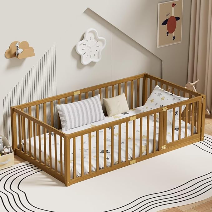 LLS Twin Size Floor Bed with 21.6" High Fence for Kids Boys Girls, Solid Wood Multifunctional Montessori Bed Frame with Door, Without Slats, Light Espresso