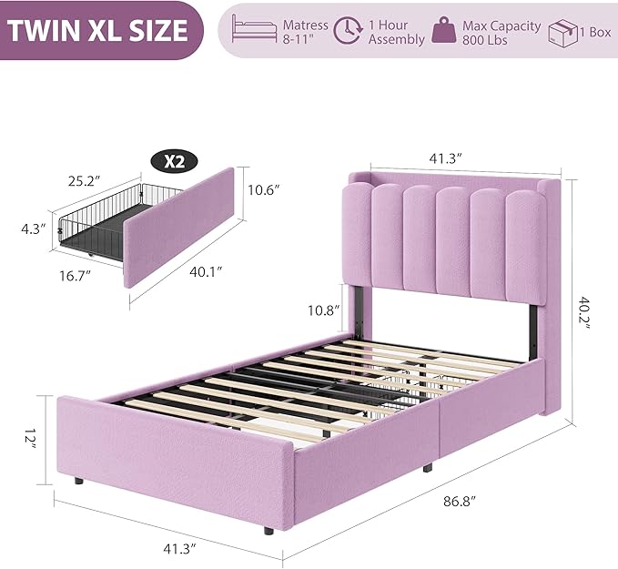 Garvee LED Twin Size Bed Frame with Storage Headboard, Kids Bed Frame with 2 Drawers, Boucle Upholstered Platform Bed for Girls, Chic Wavy Headboard with Bookcase, No Box Spring Needed, Purple