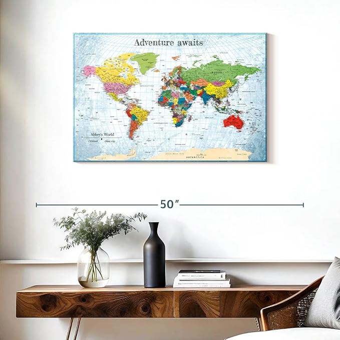 ElephantStock - Personalized Adventure Awaits IV Push Pin World Map Wall Art - Horizontal Canvas Wall Art - Living Room Wall Decor - Digital Art Map Canvas Art - Blue And Green Decor - 36" x 24"