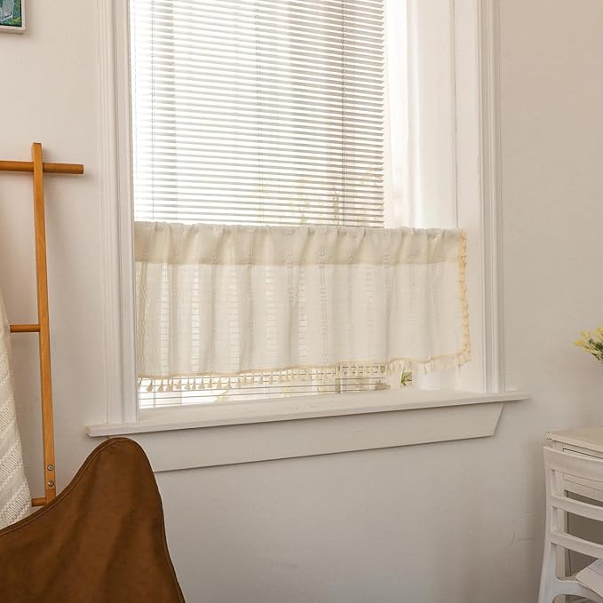 Deeprove White Boho Valance with Tassels Linen Kitchen Short Embroidered Curtain. Farmhouse French Country Rustic Small Window Treatment for Cafe Closet Laundry Dining Restaurant 1 Panel W52 x L18