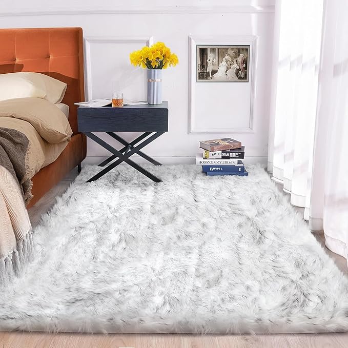White and Grey Rug 8x10 Area Rugs for Living Room Machine Washable Shag Faux Sheepskin Furry Fur Rug Large Nursery Rectangle
