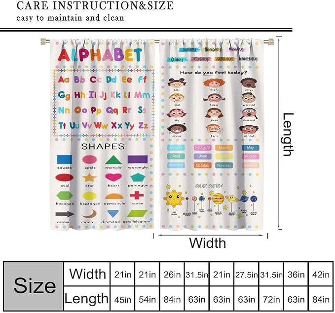 Kids Educational Alphabet Cartoon Curtain Solar System Shapes Cute Knowledge Printed Rod Pocket Blackout Window Drapes for Todders Nursery Baby Bedroom Living Room 63" W X 72" L