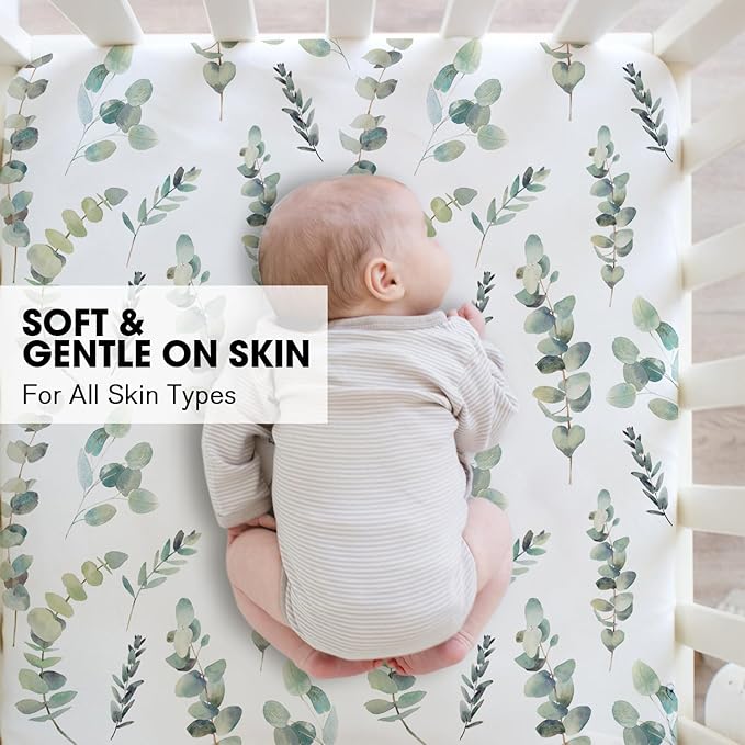 Little Grape Land Crib Sheets for Boys and Girls, 2pk Baby Crib Fitted Sheet for Standard Size Crib and Toddler Mattress, Super Soft Baby Sheet (Leaves & Green)