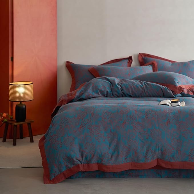 Blue Red Duvet Cover Full Forest Theme Retro Floral Duvet Cover Vintage Jacquard Bedding Set Premium Yarn-Dyed Cotton Linen Duvet Cover Botanical Tree Leaves Bedding Comforter Cover with Zipper Ties