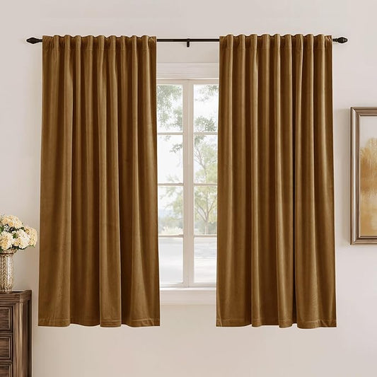 StangH Velvet Curtains, Gold Brown Curtains, Thermal Insulated Rod Pocket Back Tab Room Darkening Drapes for Bedroom, Living Room, Home Theater, 52 x 63 inches, 2 Panels