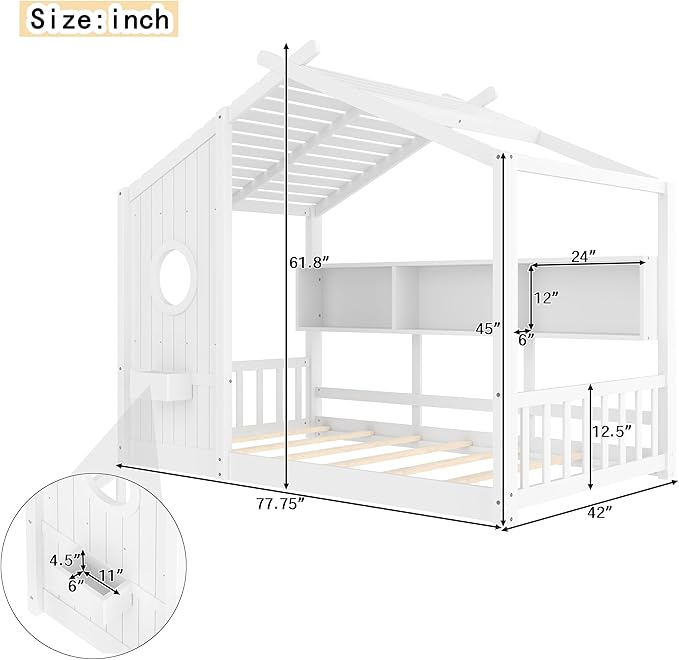 Merax Wood Cute House Bed with Storage Shelves, Twin Size Floor Platform Bed Frame with Headboard & Roof Design, No Box Spring Needed, White