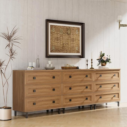 Modern Dresser for Bedroom with 9 Drawers, 3 in 1 Wooden Chest of Drawers with Organizer Storage for Bed Room,Livingroom Hallway Oak