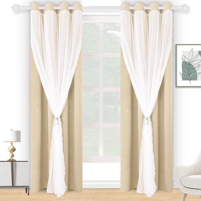 Kinryb Blackout Curtains for Girl Bedroom/Living Room/Classroom, Sheer Overlay 63 Inches 2 Panel Set, Double Layer Curtains with Star Cutout for Kids Room(W 52 x L 63 Inches,Beige 2 Pcs)