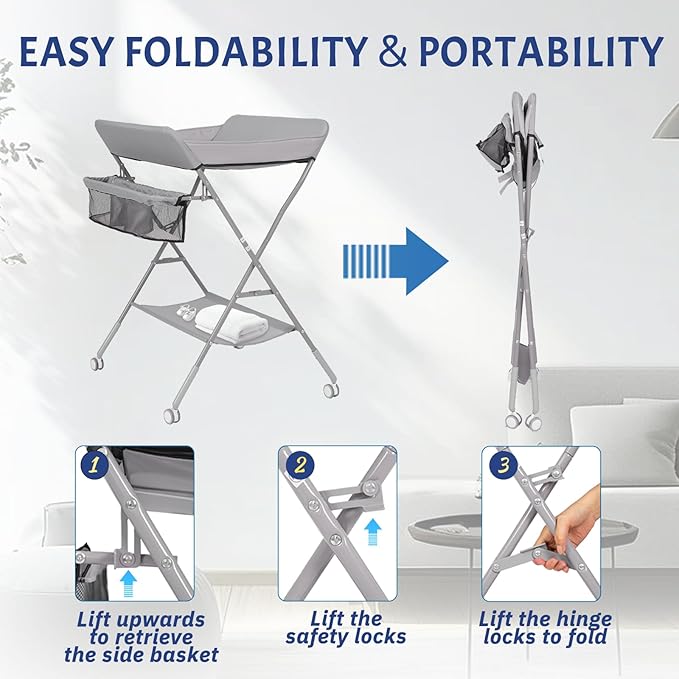 Portable Diaper Changing Table with Wheels for Baby, Mobile Folding Changing Station with 5-Level Adjustable Height and Large Storage Rack & Shelf