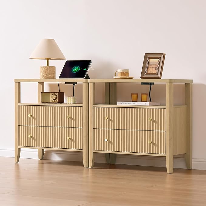 Fluted Nightstand with Charging Station Set of 2, 27.3" Wide Modern Bedside Table with 2 Drawers & Open Shelf, Large Wood End Table with Storage & Metal Handle for Bedroom, Natural Wood