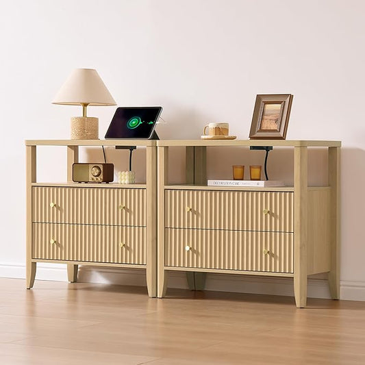 Fluted Nightstand with Charging Station Set of 2, 27.3" Wide Modern Bedside Table with 2 Drawers & Open Shelf, Large Wood End Table with Storage & Metal Handle for Bedroom, Natural Wood