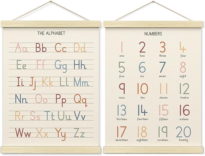 BONETAT Numbers alphabet poster for Nursery Toddlers, Play Room Wall Decor, ABC Wall Chart, Wall Hanging Decor for Toddler Playroom Decor Kids Wall Decor, Wooden Frame Alphabet Banner-A12