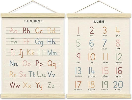 BONETAT Numbers alphabet poster for Nursery Toddlers, Play Room Wall Decor, ABC Wall Chart, Wall Hanging Decor for Toddler Playroom Decor Kids Wall Decor, Wooden Frame Alphabet Banner-A12