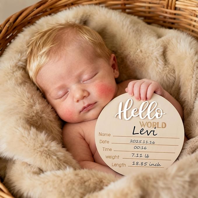 Baby Announcement Sign with Pen, 5.9 Inch Wooden Hello World Newborn Sign for Hospital, 3D Birth Announcement Board, Welcome Baby Name Signs for Nursery, Newborn Gift for Boy & Girl, White