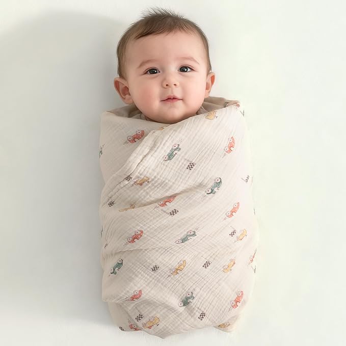 NTBAY 4 Layer Muslin Cotton Toddler Blanket, 30x40 Soft and Breathable Receiving for Newborns and Infants, Perfect for Crib, Stroller, Travel, Lightweight Nursery Blanket, Retro Race Car