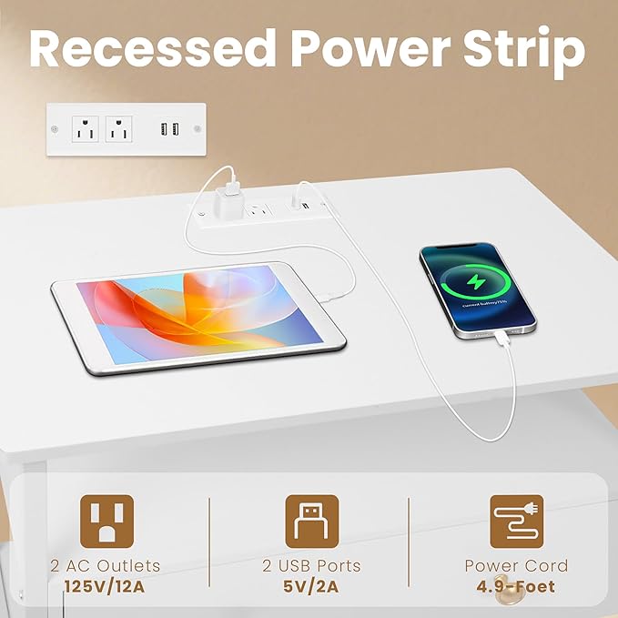 27 Inch Wide Night Stand with Charging Station, Wood Nightstand with Open Shelf, Large Drawer Bedside Table for Living Room/Bedroom/Office (White)