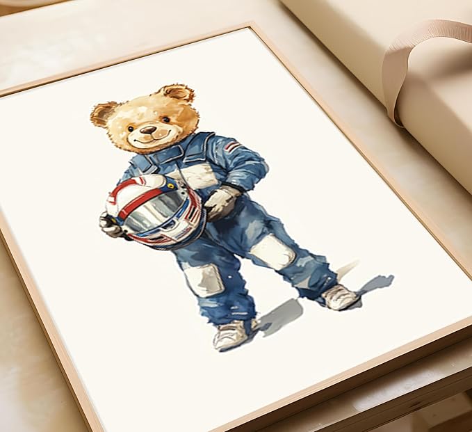 BMFLFWXE Vintage Racing Car Nursery Wall Art Teddy Bear Pictures Wall Decor Boy Navy Blue Vehicle Posters Retro Sport Painting Canvas Print Artwork for Kids Boy Room Playroom, Unframed