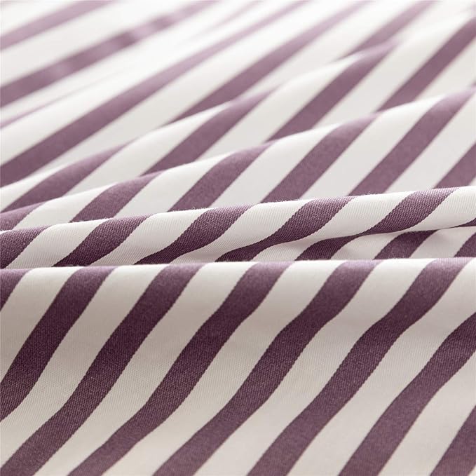 JELLYMONI 100% Natural Cotton 3pcs Striped Duvet Cover Sets,White Duvet Cover with Purple Stripes Pattern Printed Comforter Cover,with Zipper Closure & Corner Ties(Full Size)