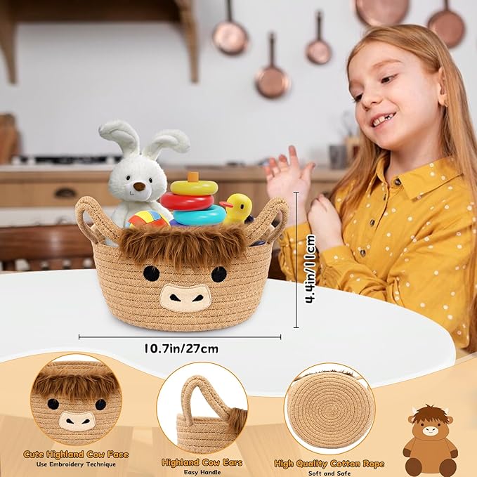 Highland Cute Cow Basket for Nursery, Small Shower Gift Basket, Round Woven Rope Cotton Storage, Baby Blanket 0rganizer with Ears Handles, Blanket Towel Decor Storage Bins, 10.7"D x 4.4"H in