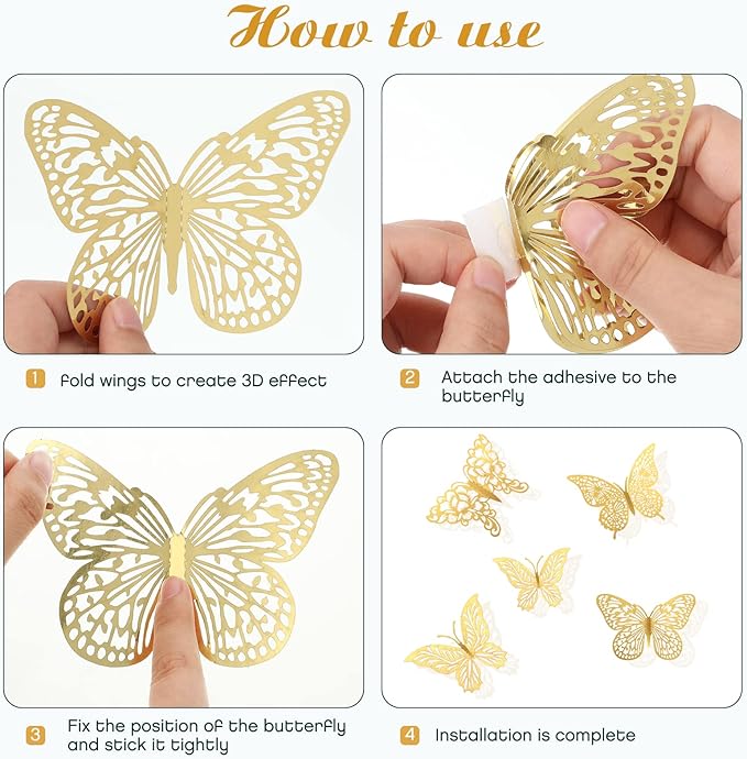 3D Gold Butterfly Wall Decor 3 Sizes 4 Styles Butterfly Party Decorations Cake Decorations Removable Stickers Wall Decor Room Mural Metallic Kids (Gold, 48Pcs)