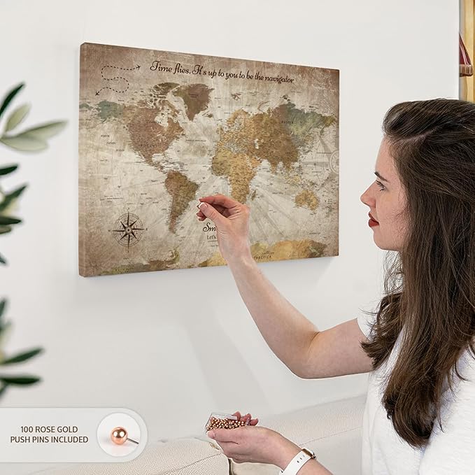 ElephantStock - Personalized Be The Navigator I Push Pin World Map Wall Art - Horizontal Canvas Wall Art - Living Room Wall Decor - Digital Art Map Canvas Art - Brown And Beige Decor - 24" x 16"